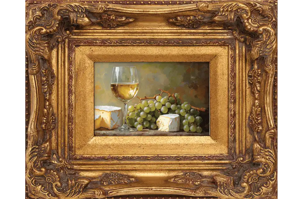 Still life painting with wine and cheese in a fancy frame